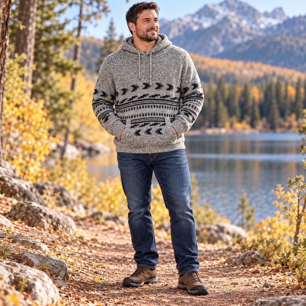 American Eagle Hooded Sweater Mens Large Gray Excellent Southwestern Knit Pull